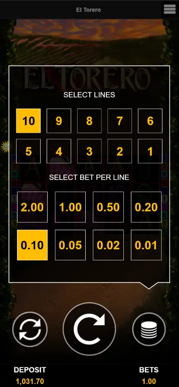 El Torero Bet-Menu auf dem Smartphone – Linienzahl und Einsatz einstellen
